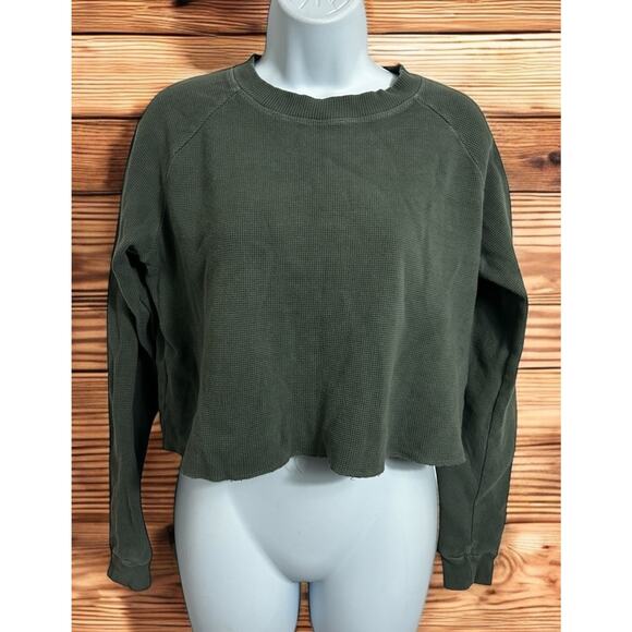 John Galt Olive Green Crop Top Sz Medium Long-Sleeve Waffle Knit Thermal - Picture 1 of 6